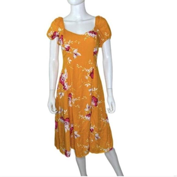 Lulus M Yellow Midi Dress Floral Front Slit Back Zip Feminine Quaint Puffed Chic - Picture 4 of 8